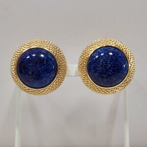 NWT Vintage 80s Christian Dior Gold Tone Blue Resin Round Clip On Earrings